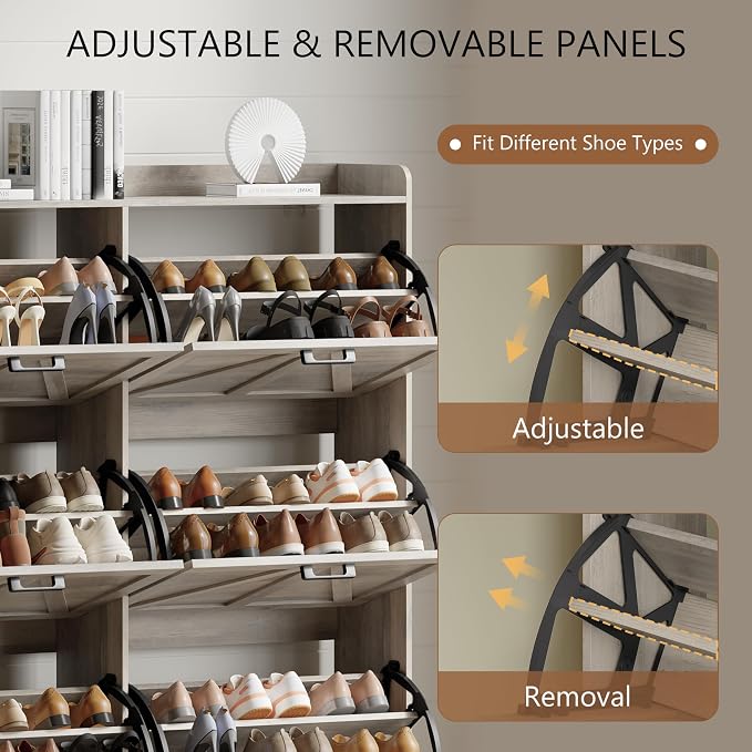 Xixini Shoe Storage Cabinet with 6 Flip Drawers, Entryway Shoe Rack, Grey | Freestanding Narrow Shoe Storage, Hidden Slim Wood Shoe Organizer, Modern Farmhouse, Open Storage & Hooks for Closet, Hallway