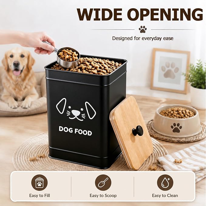 Dog Food Storage Container 25 Cups Airtight Metal Canister with Bamboo Lid | 5-7 lb Capacity, Pet-proof Lid Design, Durable Metal Body, Square Wide Opening, Pet Food Canister Dog Cookie Jar, Black