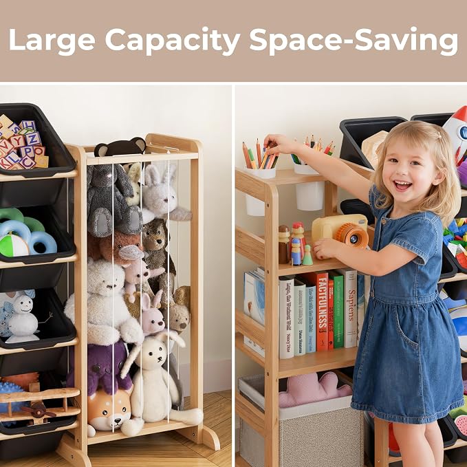 Toy Storage Organizer with Bookshelf and Stuffed Animal Storage - Kids Playroom Organization with Shelves and 16 Toy Bins - Toddler Living Room Toy Box for Lego - Nursery Bedroom Decor Essential