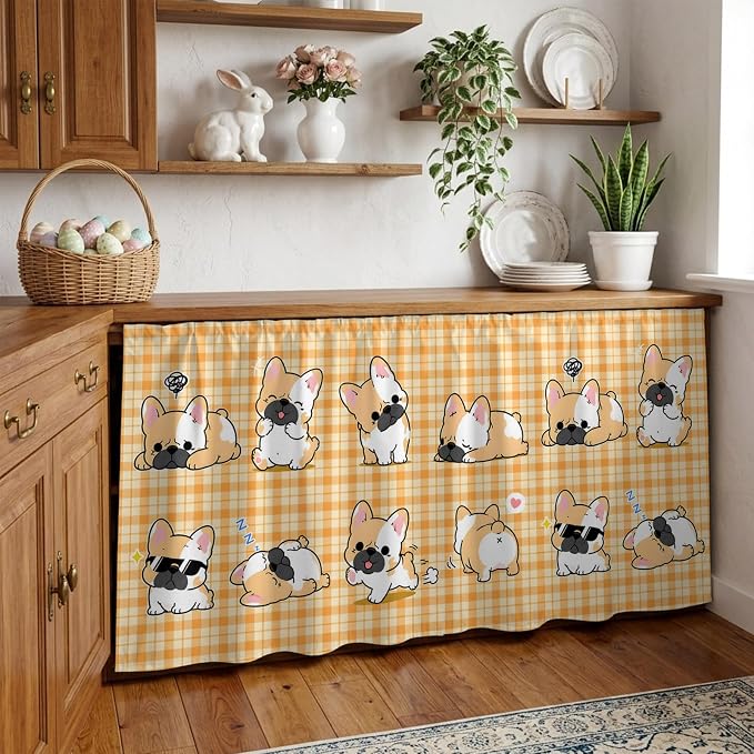 Cute Puppy Sink Skirt for Bathroom, Self-Adhesive Under Sink Curtain, Orange Beige Plaid Modern Funny Dogs Pet Hide Pipes & Storage Fabric Cabinet Skirt Cover for Kitchen Laundry 32"x55"