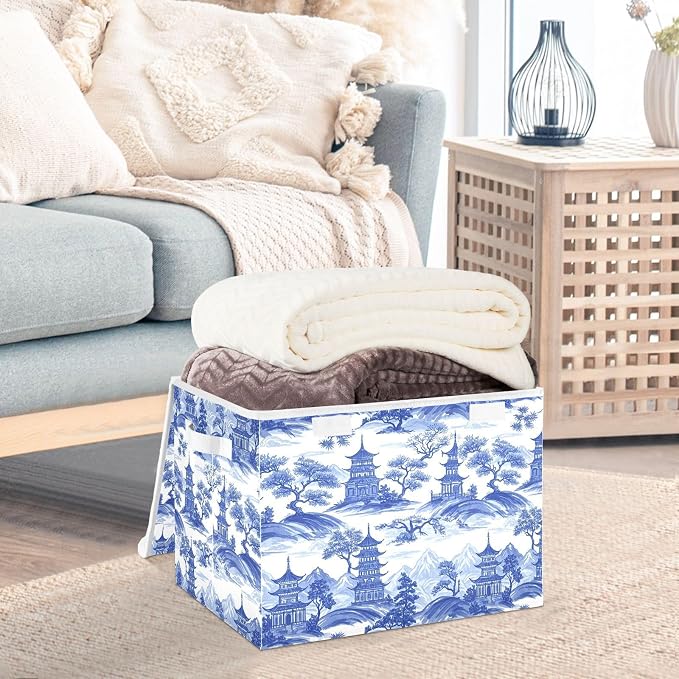 Blue Toile Fabric Storage Bins with Lid Foldable Storage Boxes 40L Baskets | Decorative Storage Boxes, Foldable & Stackable, Dust-Proof Flip Top, Reinforced Handles, For Home & Dorm, Clothes & Toy Box