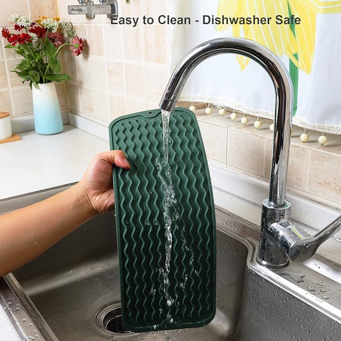 ZLR Small Dish Drying Mat for Kitchen Counter, 6"x17", Dark Green | Narrow Silicone Drainer for Apartment, Dorm & RV, Wavy Ridges Quick-Dry, Non-Slip, Rolls Up, Dishwasher Safe