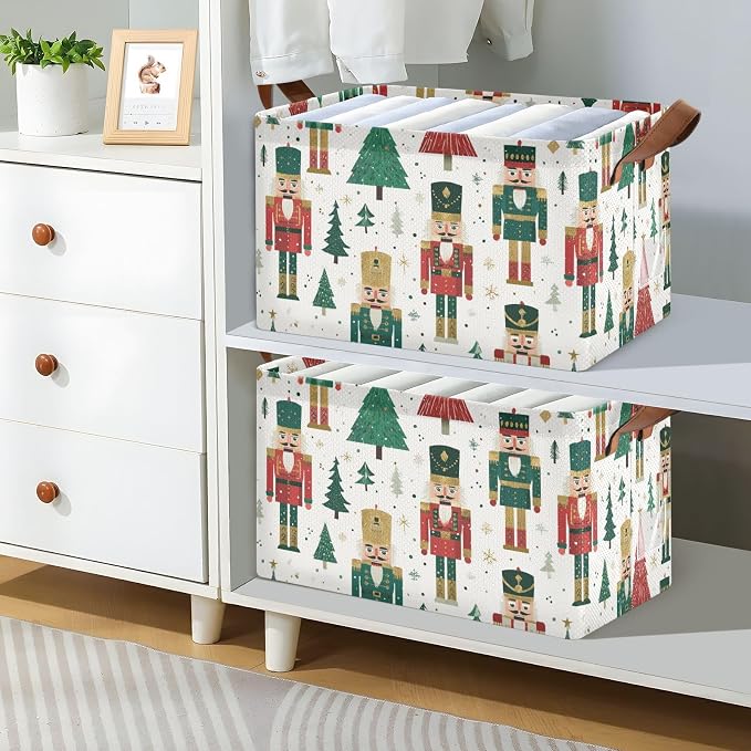 Cartoon Nutcrackers Christmas Storage Basket Foldable Cube Storage Bins with Handles&Label Waterproof Collapsible Organizer Box Bin Large Rectangle Decorative Baskets for Shelves Home Room Laundry