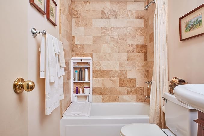 Shower Bench with Storage | 2-in-1 Bathing Bench & Supply Cabinet | Compatible with Hand Shower | White