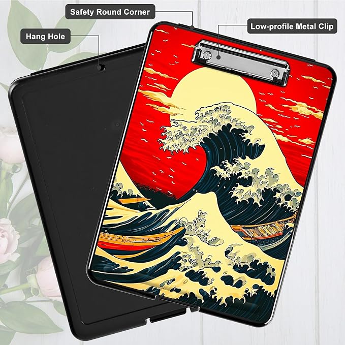 Red Sky Waves A4 Clipboard with Storage Pen Holder, Clipboards Organizer Nursing Clipboard Foldable File Folder Plastic Clipboard Folio Clip Board for Office Students Classroom Doctor