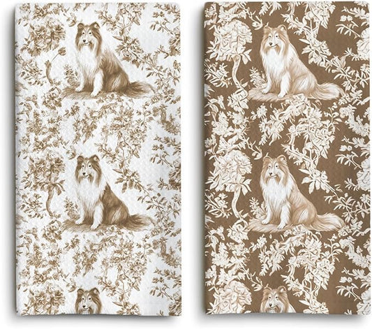 Rough Collie Kitchen Dish Towels Set of 2, Brown and White Floral Dog Towel Dish Tea Towels, Chinoiserie Decor for Kitchen Bathroom,Rough Collie Gifts for Dog Lover Mom Dad,16x24 Inch