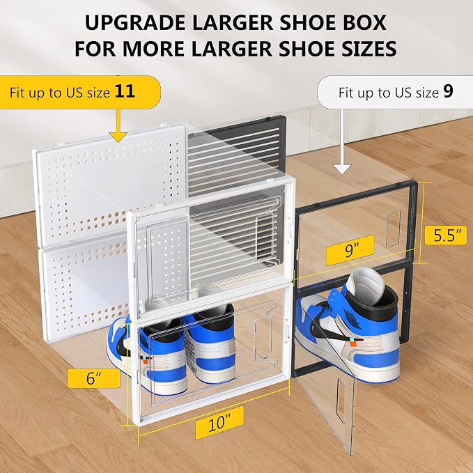 12 Pack X-Large Stackable Clear Plastic Shoe Storage Boxes Organizer, White | Easy to Assemble and Stack, Fit Size 10, Ventilated Dust-Proof, For Sneaker, Closet, Entryway, Under Bed, Replace Shoe Rack