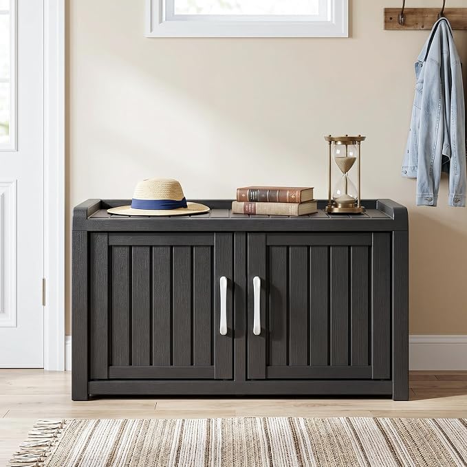ROJIK Shoe Cabinet Waterproof UV-Resistant,Storage Bench Indoor Outdoor with Adjustable Shelves,for Entryway Bedroom,Hallway,Living Room(Double Door, Deep Black)