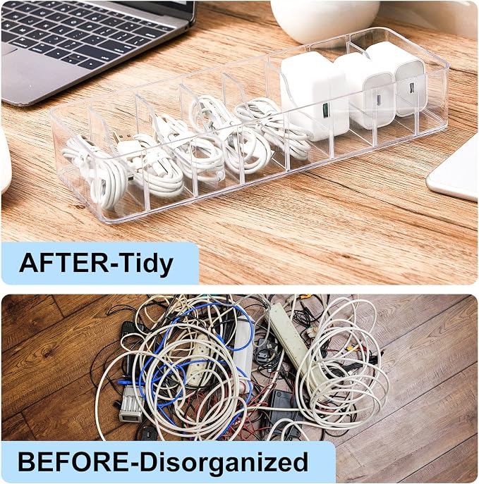 Tatuo 4 Pcs Cable Organizer with 40 Wire Ties, Plastic Cord Storage Charger Box Electronics Organizer with Adjustment Compartments Cable Storage for Drawer Home Office Desk Accessories (Clear)