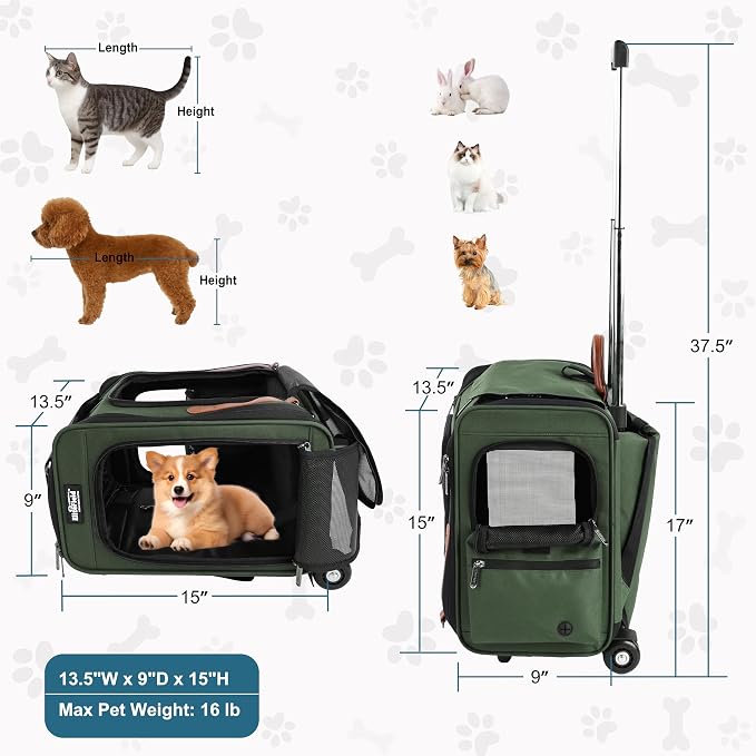 EliteField Deluxe Rolling Backpack Dog & Cat Carrier (2-Year Warranty) | Airline Approved, Waterproof Fabric, Scratch-Resistant Mesh, Retractable Handle, Wheels, Built-In Leash
