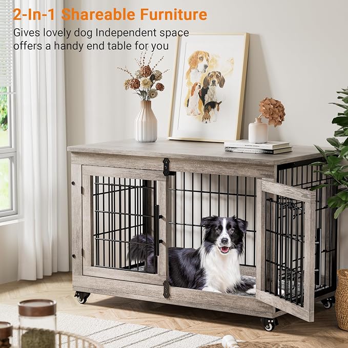 Large Dog Crate Furniture, 38'' Heavy Duty Wood Kennel w/Cushion & Wheels | Grey, Double Doors, Wooden Dog Cage, Chew-Resistant, End Table, Decorative, 27"/32"/38"/44" Options, Indoor