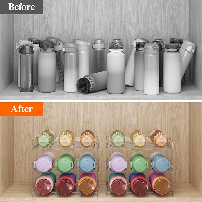 Lifewit Stackable Water Bottle Organizer for Cabinet, Clear Tumbler Holder | Large Slot for Up to 32 oz Cups, Plastic Wine Rack for Fridge, Pantry, Kitchen Organization & Storage, 3-Tier Holds 9 Bottles