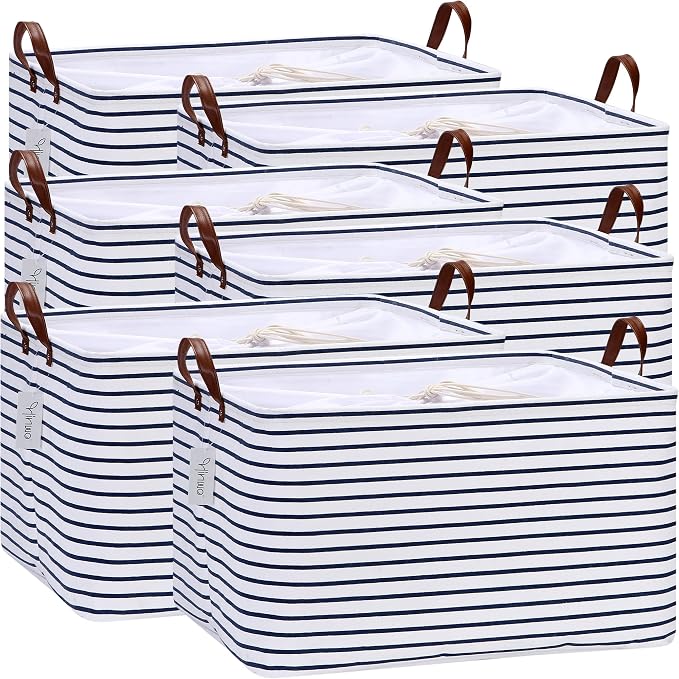 Hinwo 70L Extra Large Canvas Storage Bin with Lid and Handles, 6-Pack | Collapsible Fabric Baskets, Closet Shelf Organizers, Containers for Clothing, Blankets, Toys, Bedding (Navy Stripe)