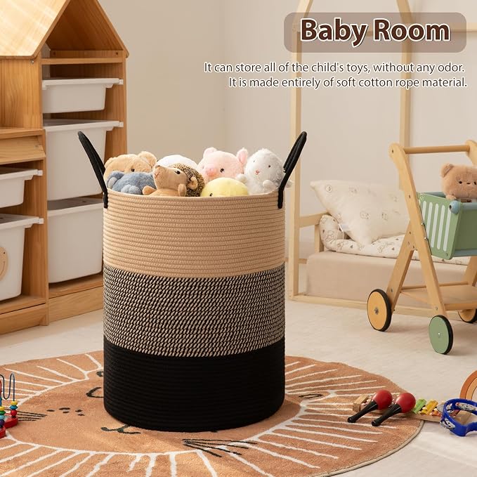 OIAHOMY 80L Nursery Hamper Laundry Basket Laundry Hamper Yellow/Black | collapsible Blanket Basket Cotton Rope Woven Basket Dirty Clothes Hamper Baby Hamper Tall Clothes Hamper with Handles