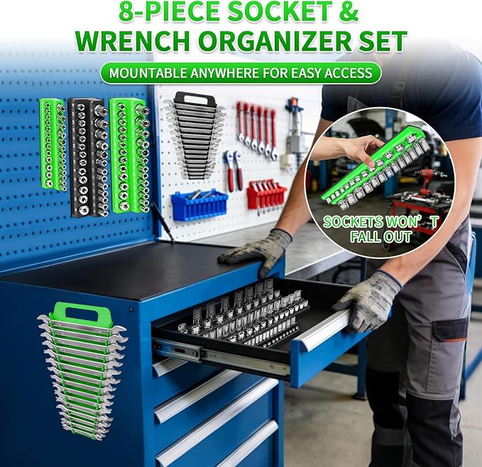 8 Piece Magnetic Socket Organizer Set, 1/4", 3/8", 1/2" Drive Metric and SAE Socket Holder Trays, Socket Organizer for Tool Box Drawer, Garage, Workbench and Mechanic Cart, Black and Green