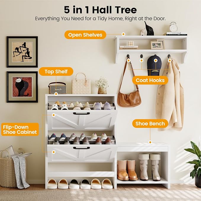 Homeiju Shoe Storage Cabinet Organizer with 2 Flip Drawers, Freestanding Narrow Shoe Rack for Entryway, Shoe Bench, Wall Ledge Shelf, Coat Hooks & Anti-Tip Safety for Kids & Pets – White