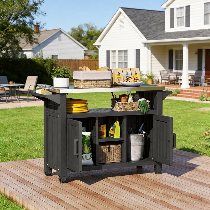 Bifanuo Outdoor Grill Table Grill Cart with Stainless Steel Top & Storage Cabinet for Food Prep and Storage, Portable and Durable with Wheels(Black)