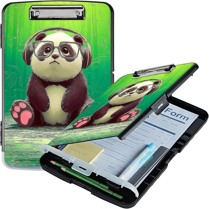A4 Clipboard with Storage Pen Holder, Clipboards Organizer Nursing Clipboard Foldable File Folder Plastic Clipboard Folio Clip Board for Office Work Classroom Doctor, Forest Panda