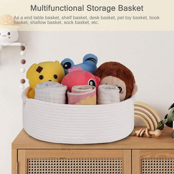 Small Woven Gift Basket with Bag & Ribbons, White | Cotton Rope, 13”x 9”x 5.5”, Fits for Kids, Women & Men, Bedroom, Living Room, Nursery & Bathroom Storage, Cat & Dog Toy Boxes