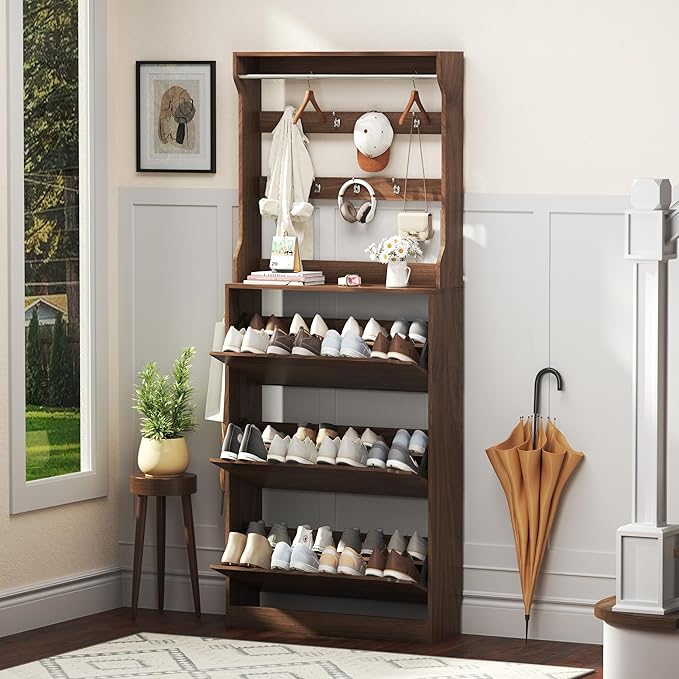 Shoe Cabinet for Entryway with 3 Flip Drawers, Walnut Tall Wood Shoe Storage Cabinet with Coat Rack, Narrow Hidden Slim Freestanding Shoe Rack Organizer, 2 in 1 Hall Tree for Living Room, Hallway