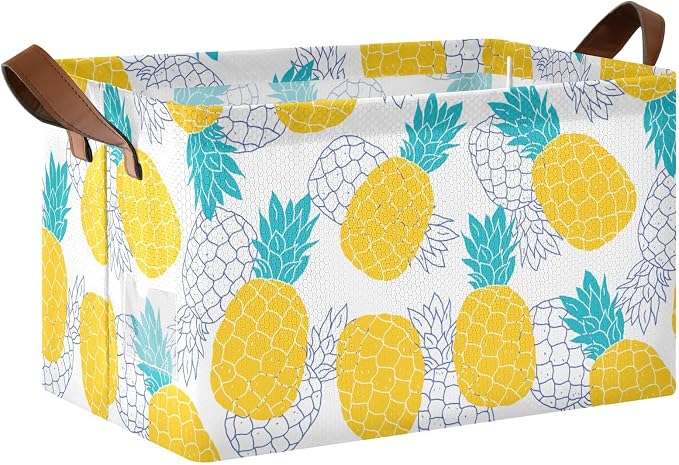 Aqua Blue and Yellow Pineapple Storage Basket Foldable Cube Storage Bins with Handles&Label Waterproof Collapsible Organizer Box Bin Large Rectangle Decorative Baskets for Shelves Home Room Laundry
