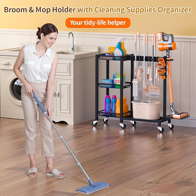 Broom Holder with Cleaning Supplies Organizer, 30.7"Wx11.8"Dx34.6"H | Load 350 LBS, Cleaning Cart with Wheels, 3-Tier Shelves, 6 Mop Hanger Grippers & 3 Double-Hooks, Vacuum Stand for Laundry
