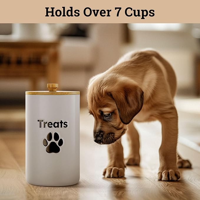 Ceramic Dog Treat Container Airtight with Bamboo Lid, 5"W x 9"H, 7 Cups | Sturdy Durable Ceramic, Airtight Rubber-Lined Bamboo Lid, Food Safe, Fits Most Popular Treats, 7 Cup Capacity, Easy to Wash