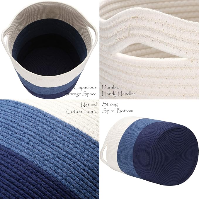 Sea Team Large Woven Cotton Rope Laundry Basket with Handles, 20 x 14 in | Collapsible Knitted Hamper, Closet Shelf Organizers, Containers for Clothing, Blankets, Toys, Bedding, Navy
