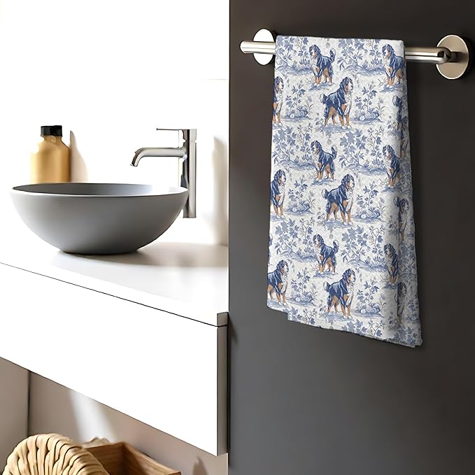 Chinoiserie Bernese Mountain Dog Kitchen Towels, Bernese Mountain Gifts, Grandmillennial Botanical Dog Hand Towels for Kitchen Bathroom, 16x24 Inch