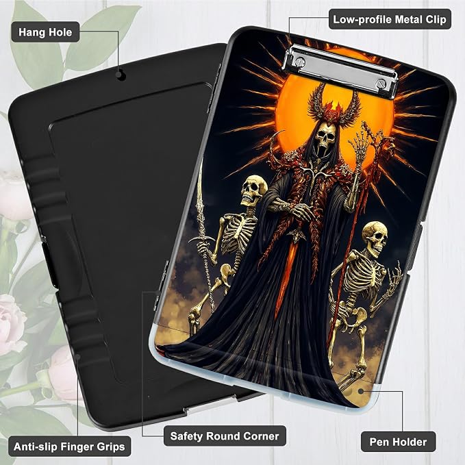 A4 Clipboard with Storage Pen Holder, Clipboards Organizer Nursing Clipboard Foldable File Folder Plastic Clipboard Folio Clip Board for Office Work Classroom Doctor, Dark Skull Knight