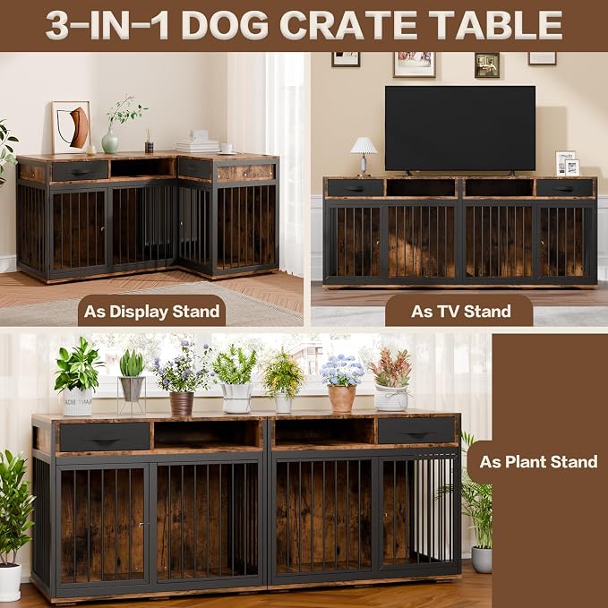 Corner Dog Crate Furniture,67" Metal Frame L Shaped Furniture-Style Double Dog Kennel for 2 Dogs with Divider and 2 Fabric Drawers Side Table Indoor,Rustic Brown