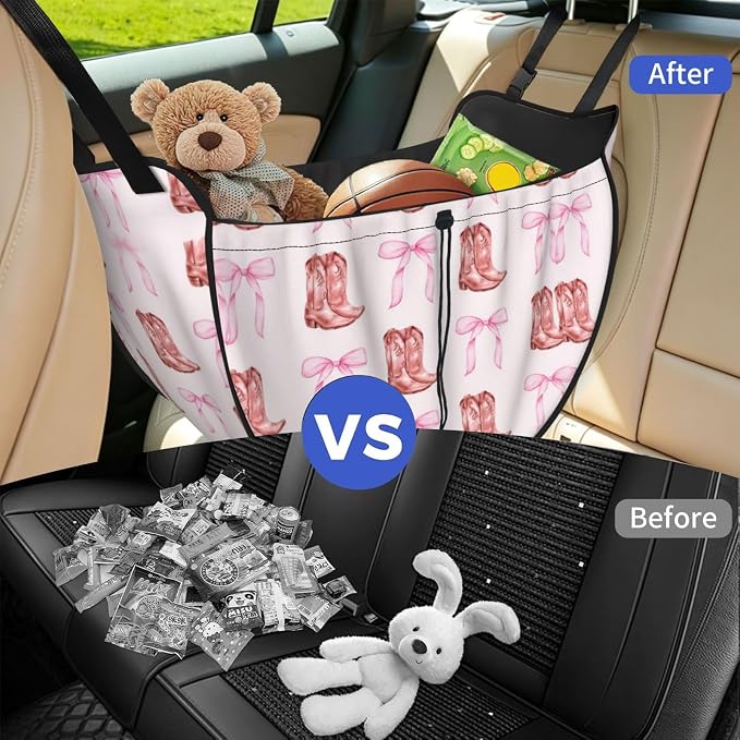 Fresh Pink Cowboy Boots Bows Car Seat Organizer Backseat Storage Bag, Large Waterproof Vehicle Organizer With Adjustable Straps For Gear Essentials, Fits Most Cars