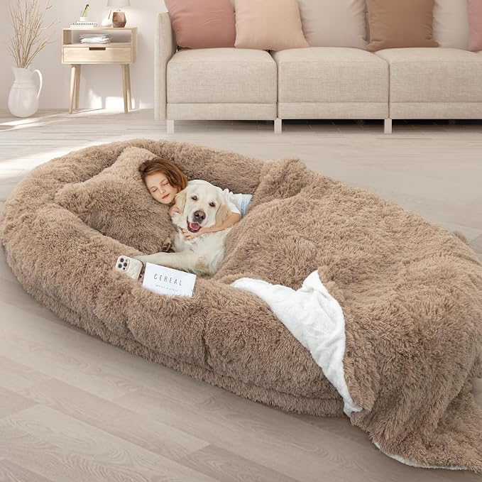 ROOMTEC Human Dog Bed, 71''x45''x12'' Size Fits Adult and Pet Washable Giant People Bed 10 CM Thick Memory Foam Large Oversize Pet Bed with Plump Pillow, Blanket, Strap - Khaki