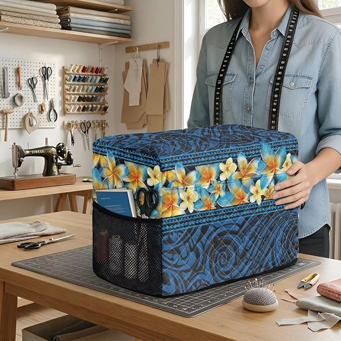 Sewing Machine Cover Polyester Febric Tribal Tattoo Plumeria Print | Dust Pet Hair Protection,Quilting Design,Fits Standard Singer,Brother Janome Machines,Protecting Decorating Your Sewing Space