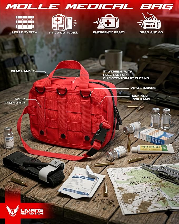 LIVANS Medical Bag, First Aid Bag Empty for Emergency & Trauma Kits | Molle Quick Release Design, Headrest Mount, Includes Flag and Cross Patch,Versatile for Tactical, Camping, Hiking and Travel