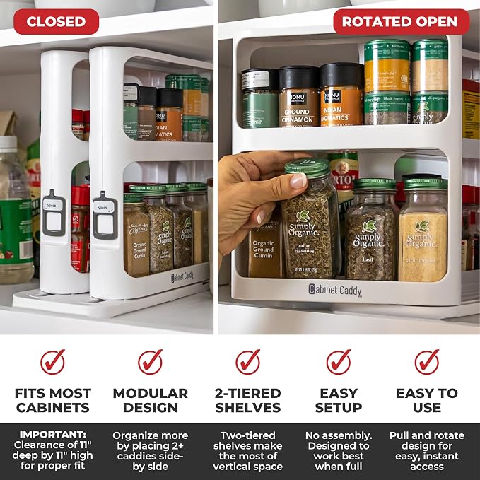 Spice Rack Organizer for Cabinet, Pull & Rotate, 2-Tier | Double-Decker Shelves, 10.8"H x 5.25"W x 10.8"D, Modular Side-By-Side, Non-Skid Feet, Stick-On Labels, Sturdy Build