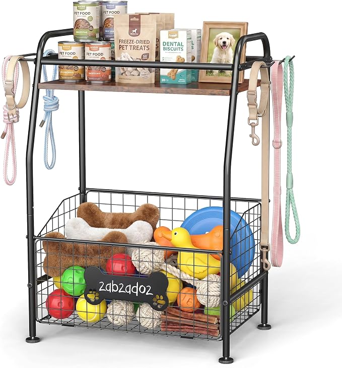 Large Dog Toy Basket, Metal Toy Bin for Dogs with Wood Countertop, Pet Toy Storage Basket with Collar Leash Holder Hook, Toy Holder for Dog Stuff Accessories, Toy Box for Living Room Area