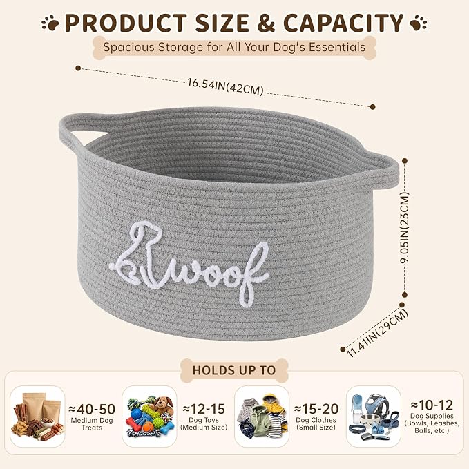 OIAHOMY 22L Large Dog Toy Basket, 16.5"x11.4"x9" Cotton Rope Basket with Cute Woof Embroidery, Soft Woven Pet Toy Box with Handles for Blankets, Leashes & Puppy Accessories, Decorative Organizer Gray