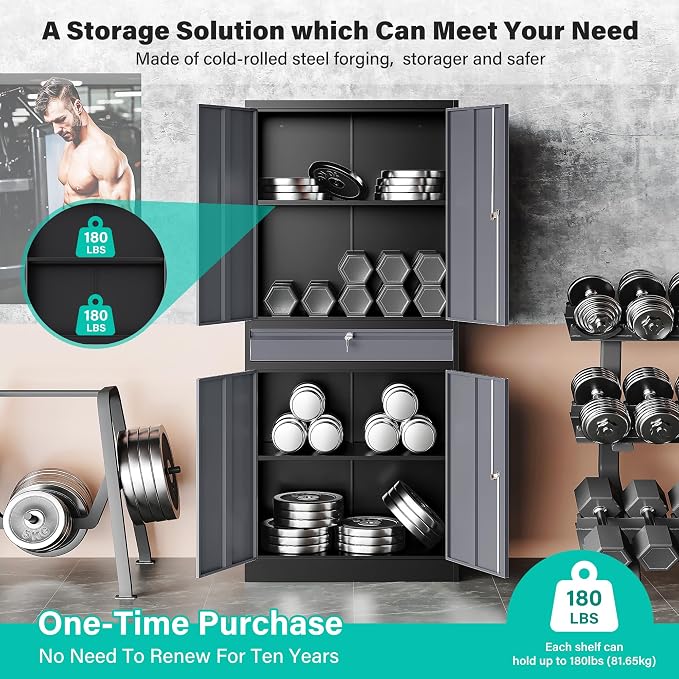 Metal Storage Cabinet with Doors and Shelves,Garage Storage Cabinets with Lock and Drawer,Metal Cabinet with Locking Doors,4 Door Steel Cabinet,71" Tall Lockable Cabinets for Garage,Home,Office