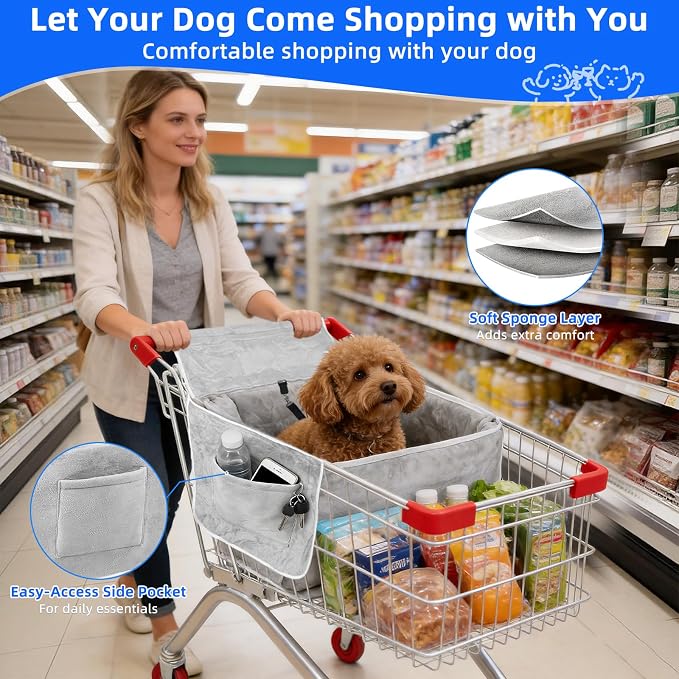 Dog Shopping Cart Cover with 2 Side Pockets, Soft Padded Pet Cart Seat Cover with Sponge Cushion, Foldable Shopping Cart Liner with Carry Bag, Fits Most Shopping Carts