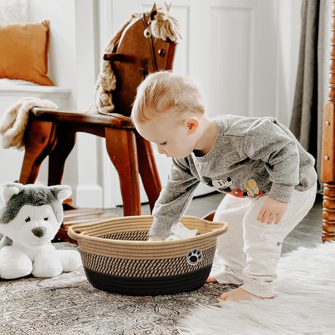 Woven Rope Dog Toy Basket with Paw Print, Black Brown | 12"x 8" x 5" Small Dog Toy Bin & Box with Handles, Fits Living Room Bedroom Nursery Organization, Gift Basket Empty for Pets