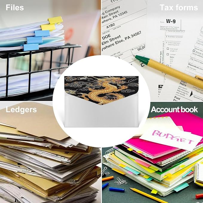 Portable Dark Fire Chinese Golden Dragon Japanese Totem Black File Folders with 6 Pocket, Letter Size, Folder for Office Family College Necessities