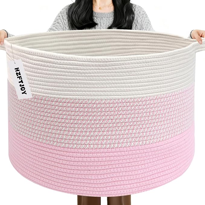 65L Large Blanket Basket,Woven Rope Laundry Basket-Mixed Pink | Collapsible, reinforced handles, nursery storage bin organizes clothes, toys and pillows for living room, bedroom bathroom