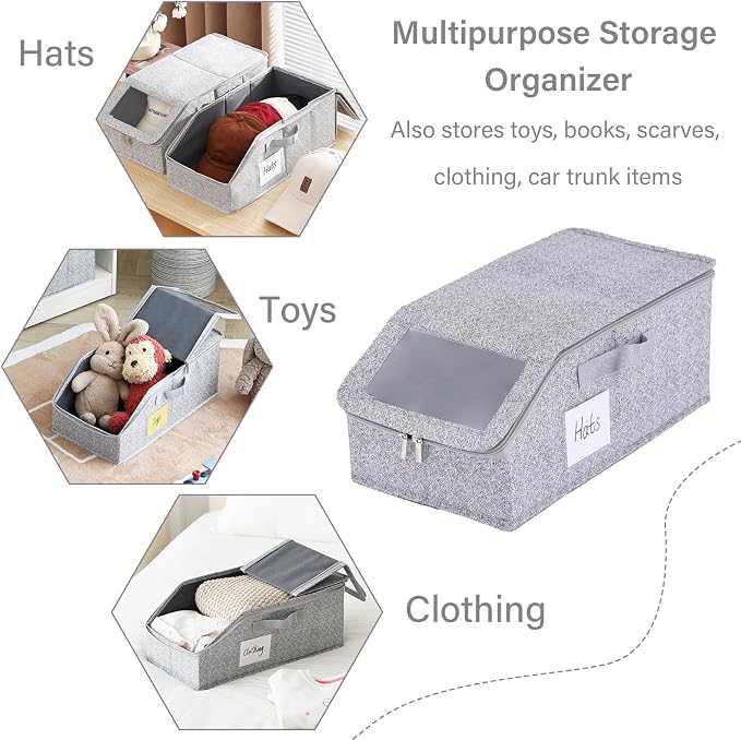 Furlide Hat Organizer for Baseball Caps, 2 Pack Stackable Storage Boxes | Protects 24-30 Caps From Dust and Pet Hair; Stackable Base, Clear Window, Front Opening and Handles Simplify Closet Storage.