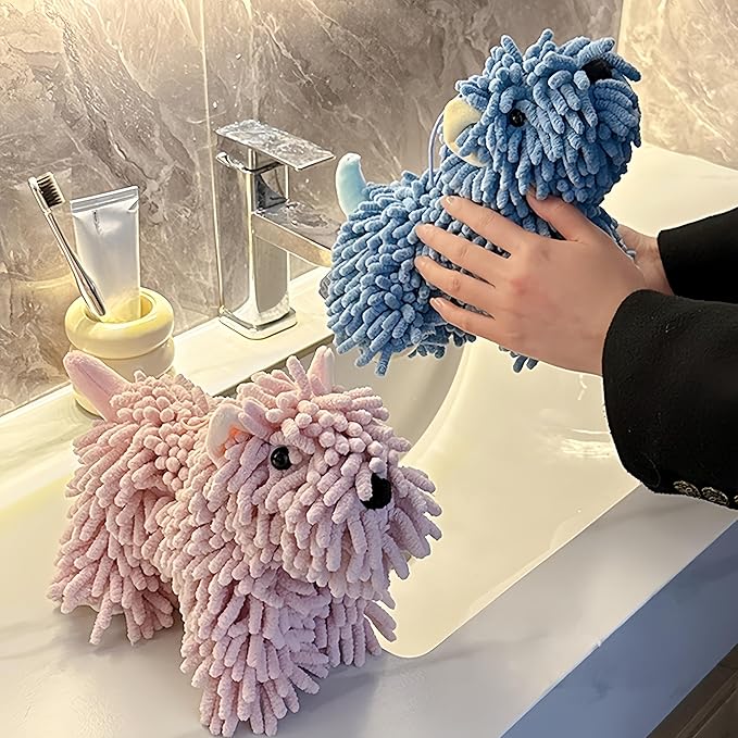 Cute Puppy Chenille Hand Towel for Bathroom Kitchen 10.2x5.1 Inch Fluffy Soft Absorbent Chenille Towel Funny Hand Towels Gift for Women Dog Lovers (Brown)