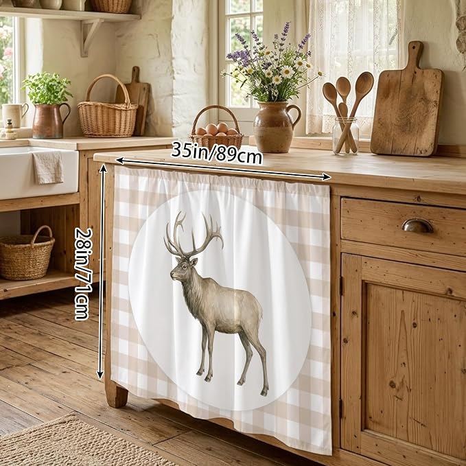 Majestic Buck Oven Skirt Curtain for Kitchen Decor 28"x35", Modern Natural Buck Rustic Farmhouse Plaid Self Adhesive Stove Curtains Skirt Cabinet Curtains for Bathroom Laundry Room