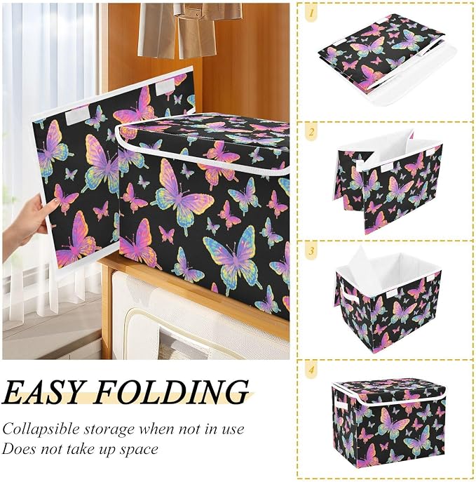 Butterfly Storage Bin Foldable Collapsible Fabric with Lid Handles 40L | Decorative Storage Boxes, 300D Oxford Cloth, Hollow Board Frame, Flip Top Velcro Lid, 16.5x12.6x11.8 inch, Collapsible Design