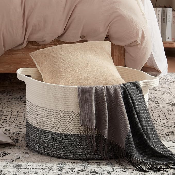 OIAHOMY 90L Extra Large Blanket Basket - Decorative Cotton Rope Storage Basket for Bedroom, Living Room & Nursery - Woven Laundry Hamper for Organizing Blankets, Clothes & Toys - Black and White