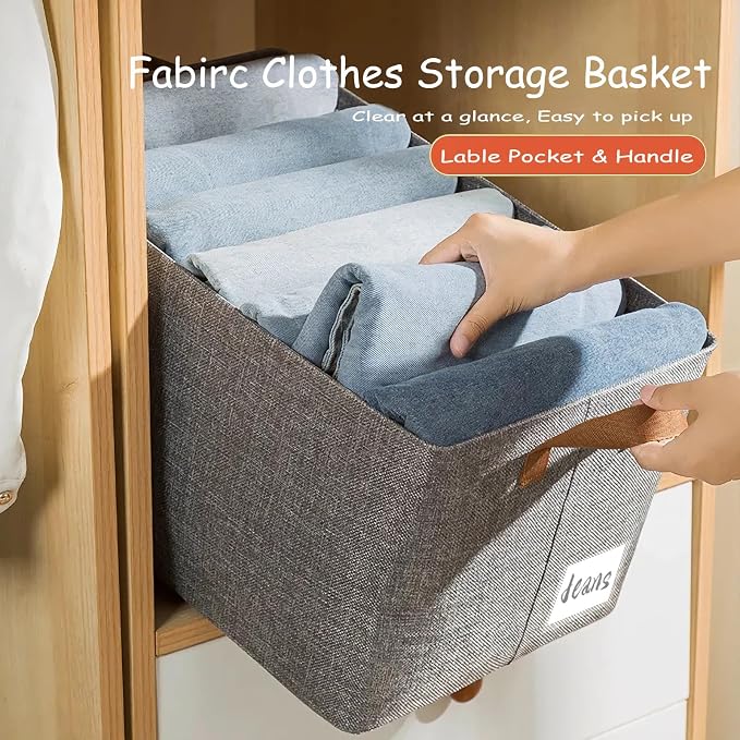 AARAINBOW 4 Pcs Closet Clothes Organizer with Handle, Closet Shelf Fabric Storage Box Steel Frame, Stackable Shelf Storage Baskets Foldable Wardrobe Storage Box for Clothes Pants, 23L (2 Gray 2 Beige)