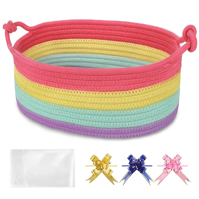 Small Empty Gift Basket with Bag & Ribbons, Rainbow | 12“x8”x5”, Cotton Rope Woven Basket for Birthdays, Baby Showers, Mother's Day, Christmas; Stores Small Items, Kids & Pet Toys